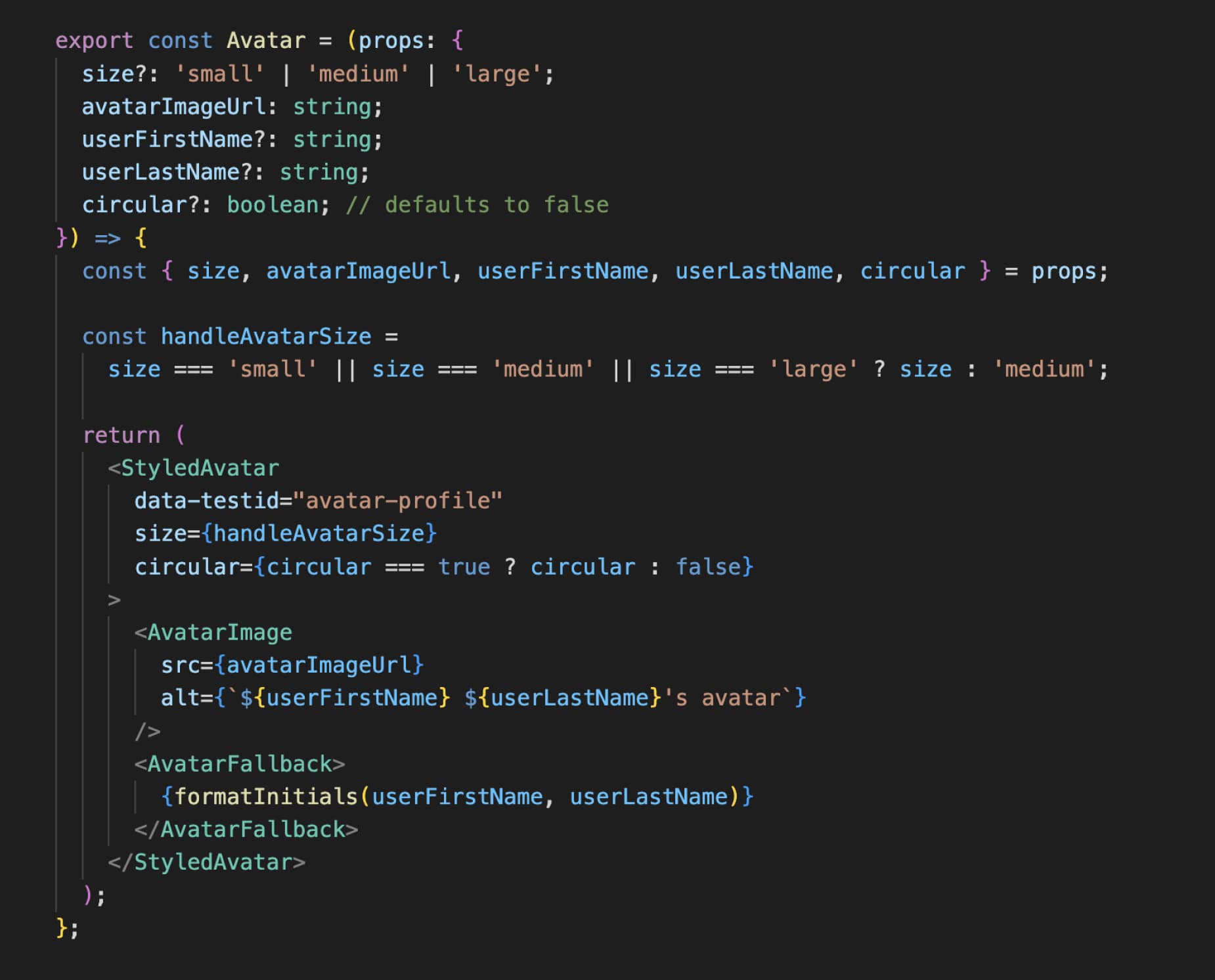A code snippet exemplifying how strict Typescript practices create error-resistant, self-documenting components.