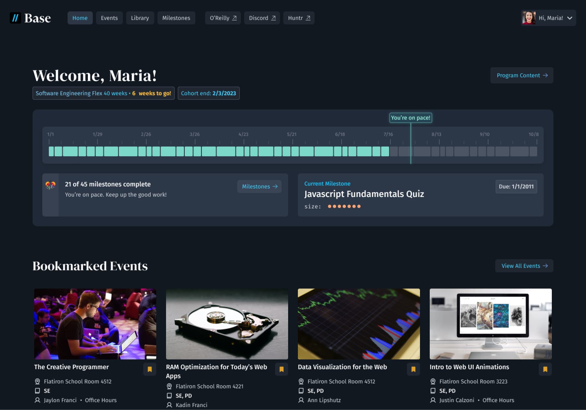 The home page of the student-focused application, Base, which helps students track their course progress, find additional educational content, and find academic events.